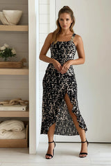 Black Printed Ruffle Slit One Shoulder Dress
