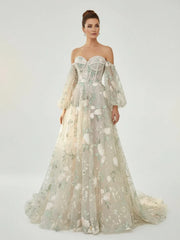 A Line Light Green Sweetheart Pearl Wedding Dress
