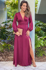 Dark Wine Puff Sleeve Maxi Dress With Slit