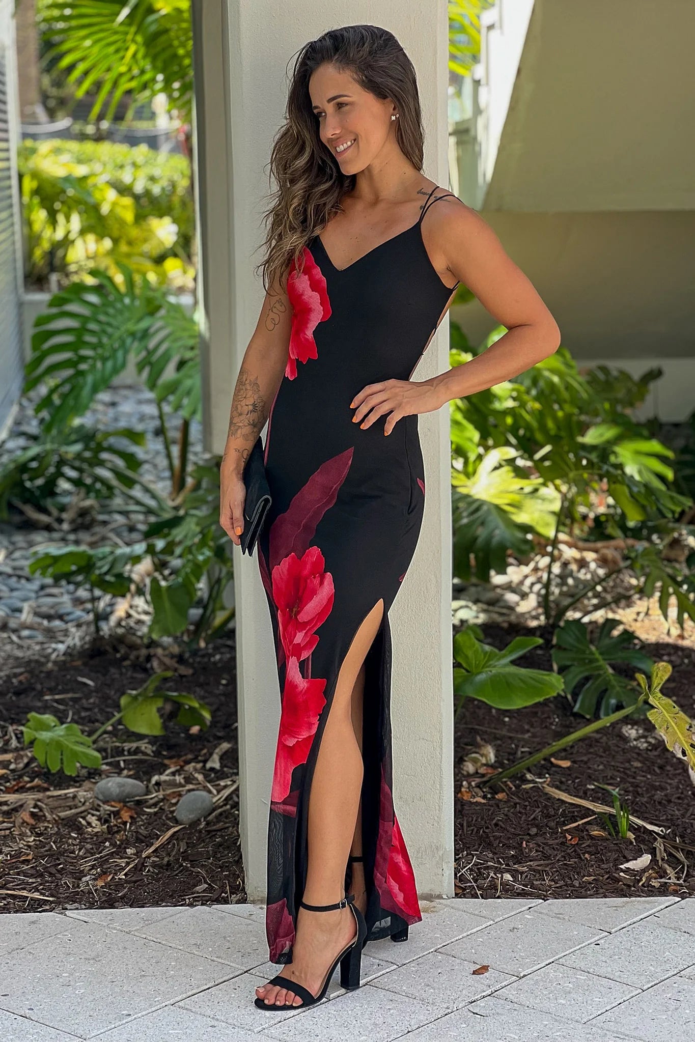 Black Printed Strappy Back Maxi Dress With Slit
