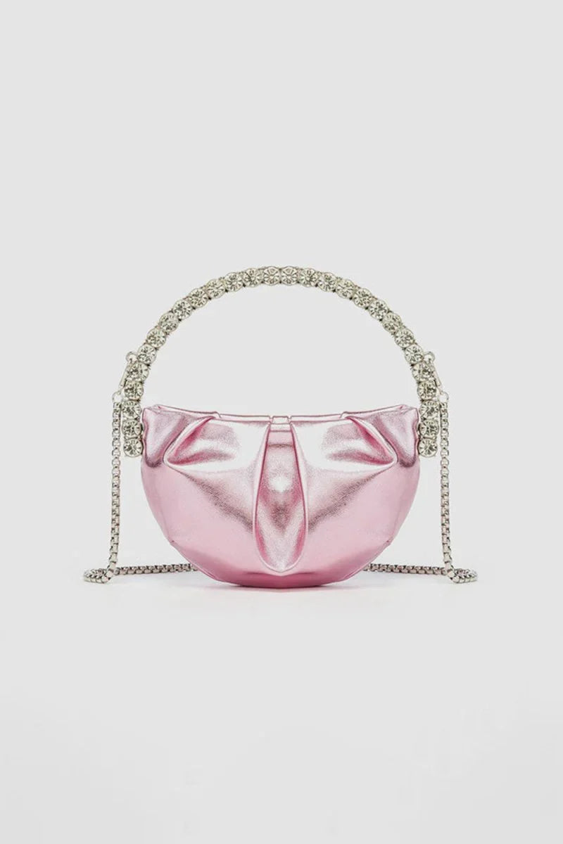 Womens Rhinestone Handle Metallic Slouchy Evening Clutch Bags