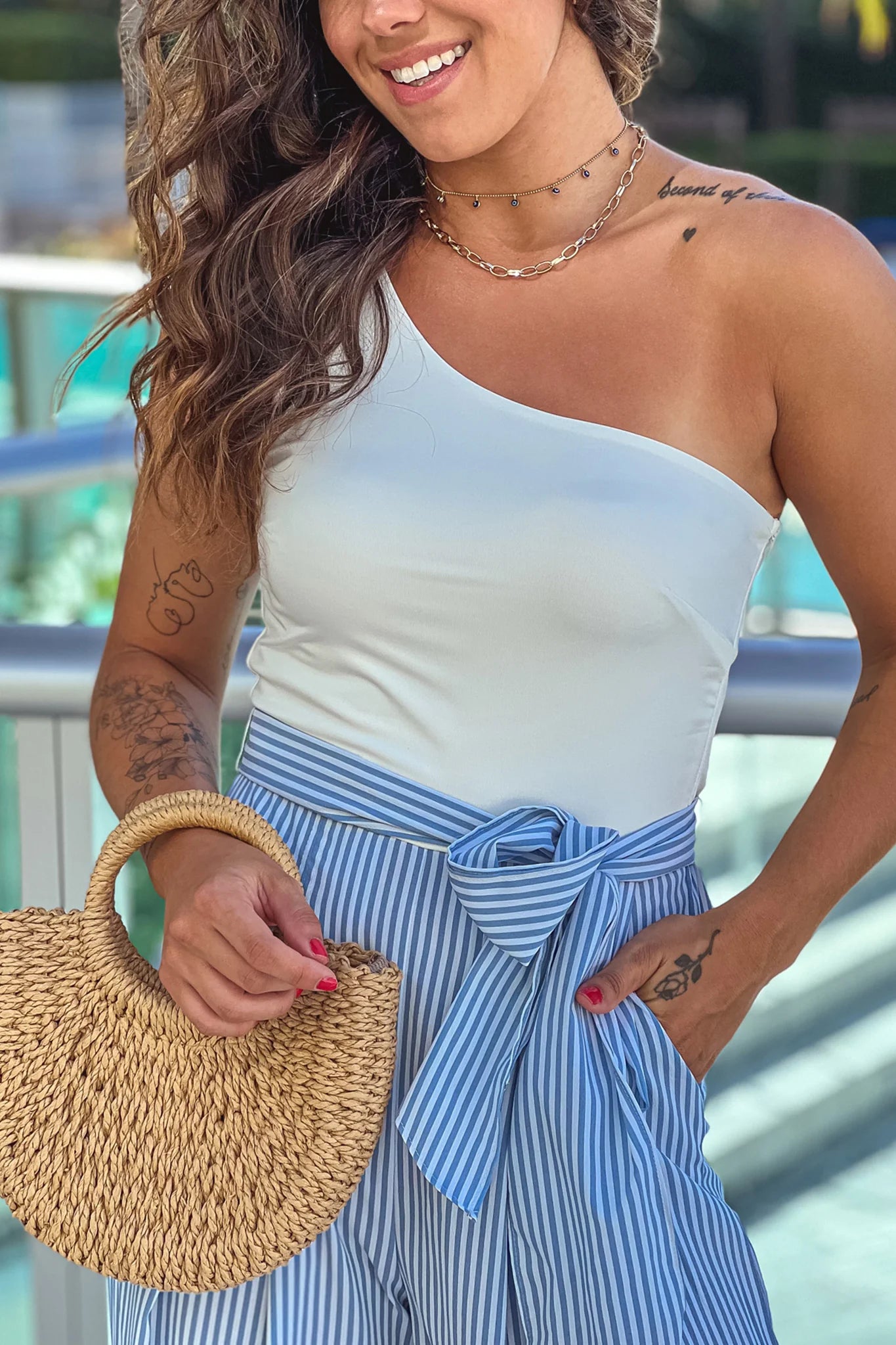 White And Blue Striped One Shoulder Jumpsuit