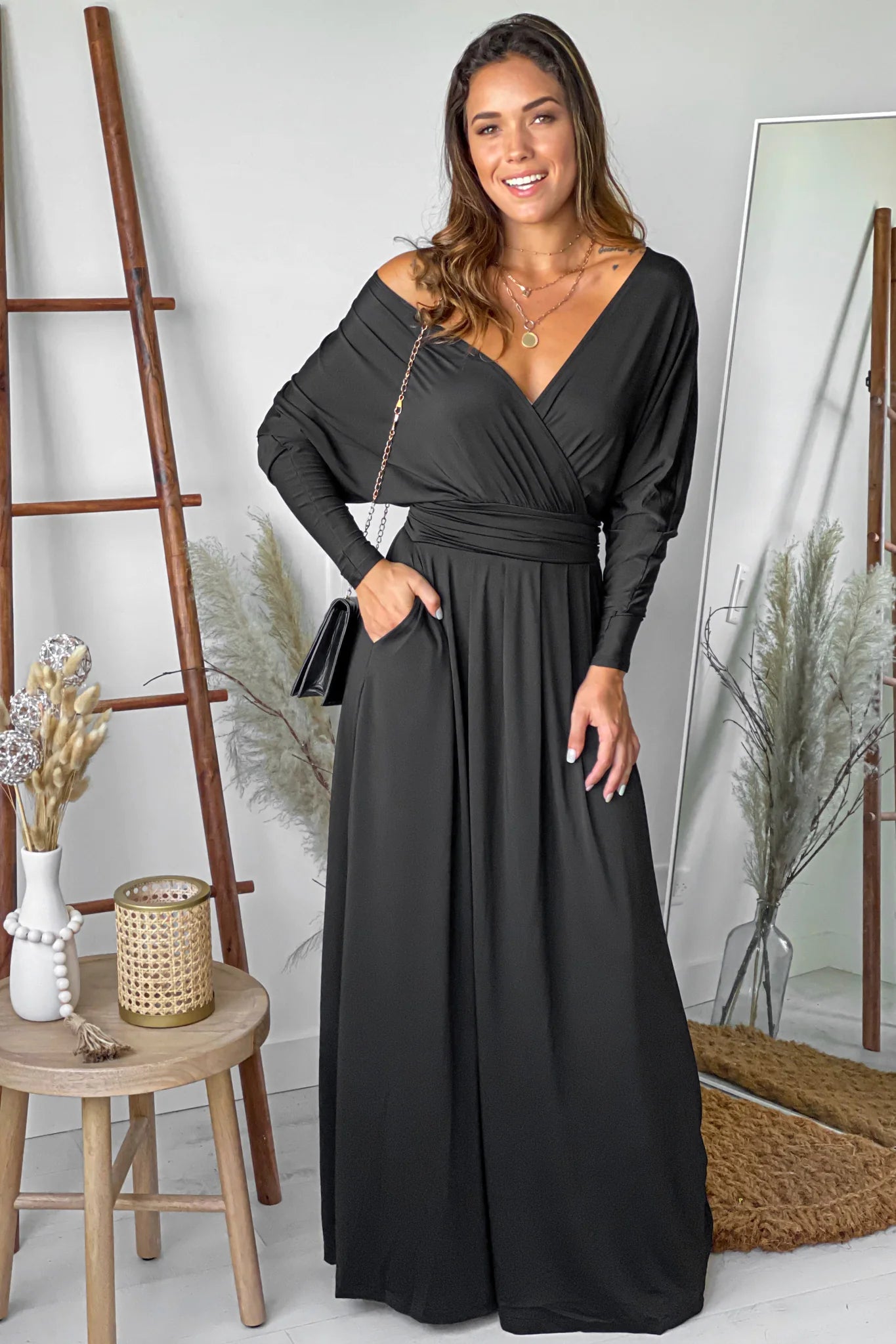 Black Maxi Dress With Dolman Sleeves And Pockets