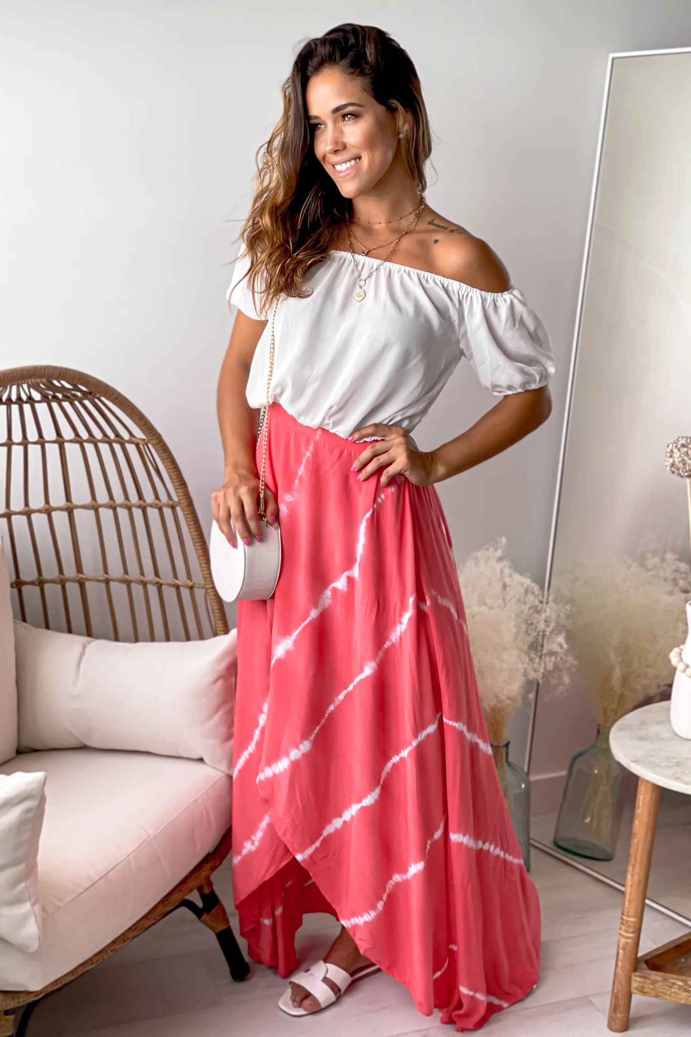 White And Coral Tie Dye High Low Dress