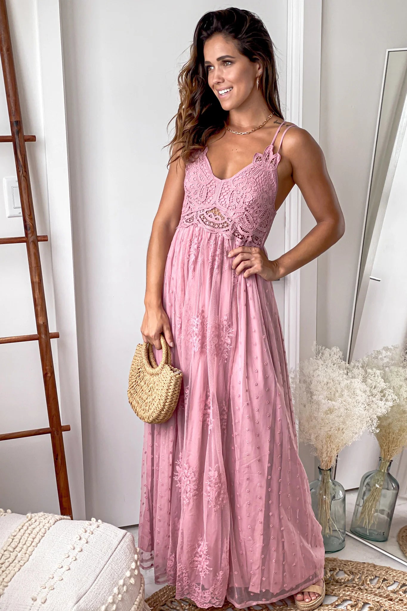 Mauve Lace Maxi Dress With Crochet Top