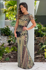 Black Multi Color Sequin Maxi Dress With Sleeves