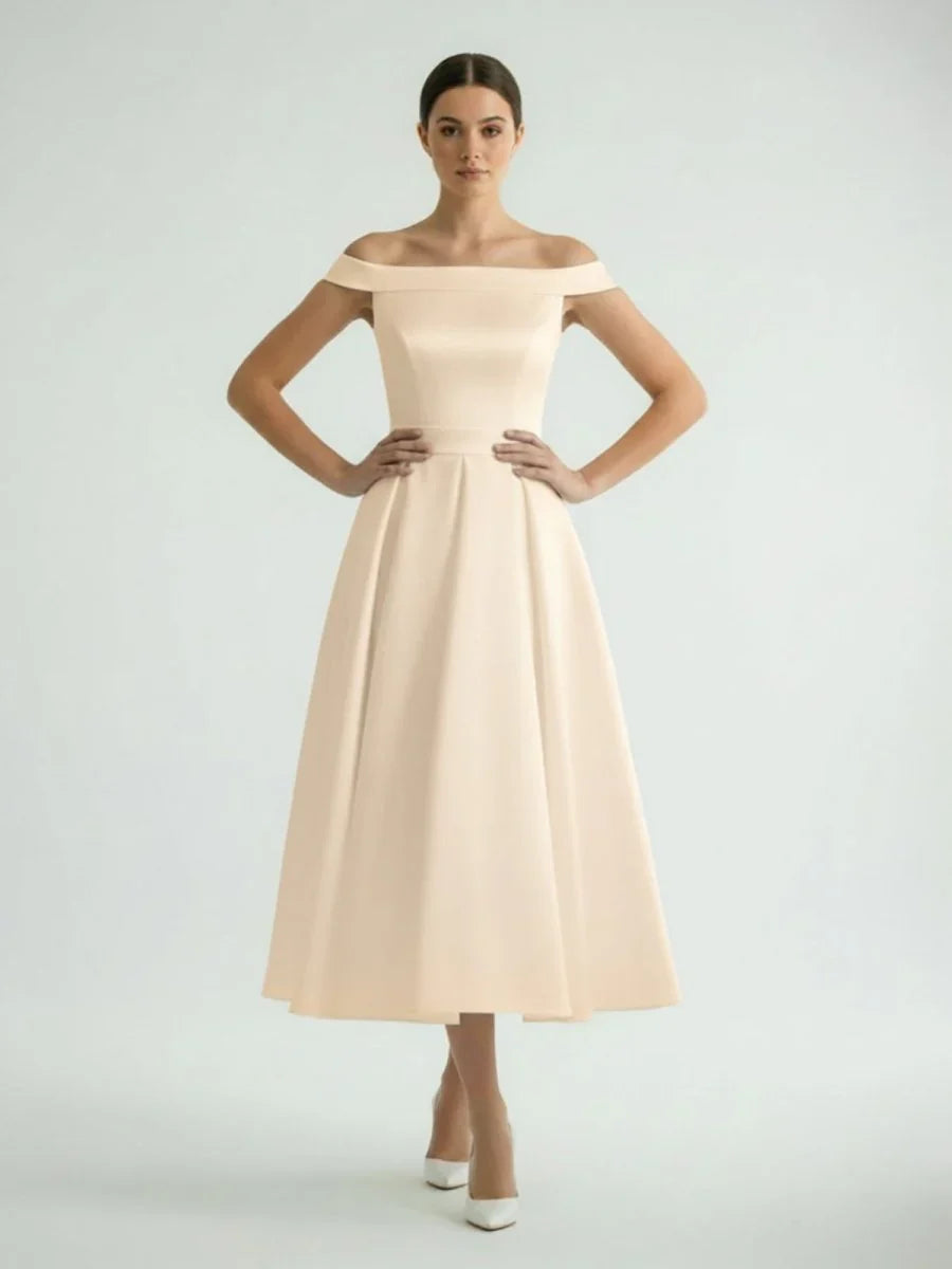 Sleeveless Tea Length Satin Wedding Dress With Sash And Off The Shoulder Neck