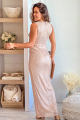 Champagne Sequin V Neck Dress With Slit