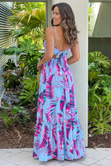 Blue Printed Maxi Dress With Button Details