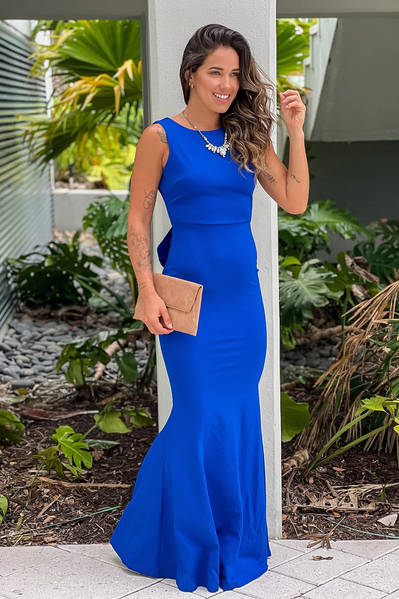 Royal Blue Maxi Dress With Open Back And Bow