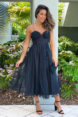 Black Tulle Midi Dress With Lace Detail