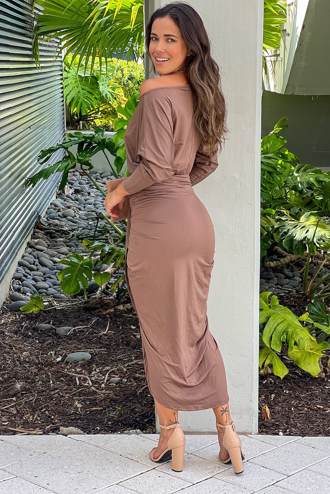 Mocha One Shoulder Ruched Dress
