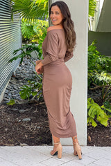Mocha One Shoulder Ruched Dress