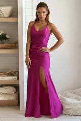 Magenta Ruched Maxi Dress With Slit