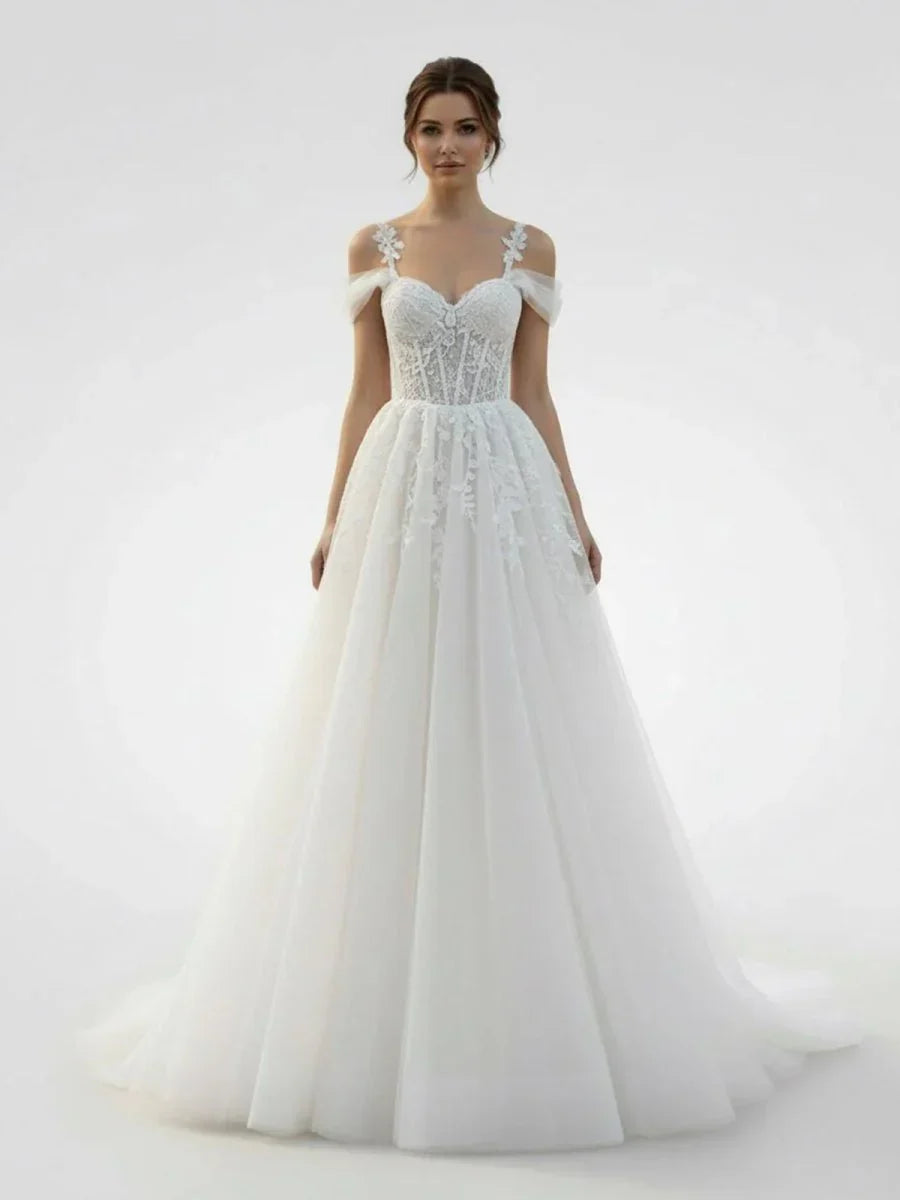 A Line Off The Shoulder Tulle Wedding Dresses With Appliques Lace