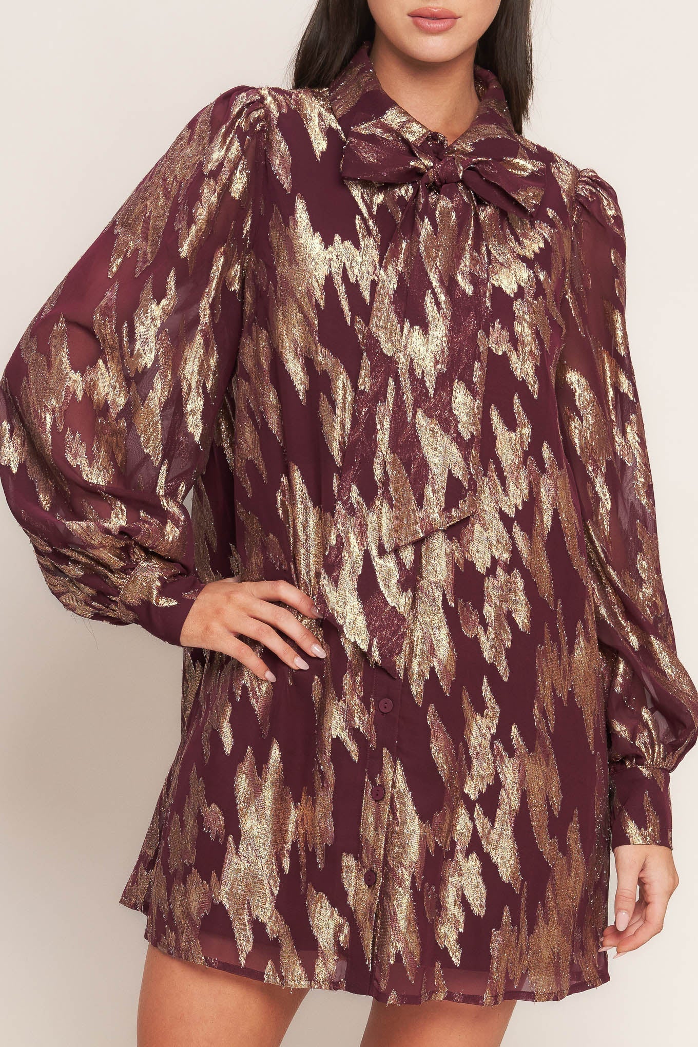 METALLIC MUSE BURGUNDY LONG SLEEVE MINI DRESS FINAL SALE