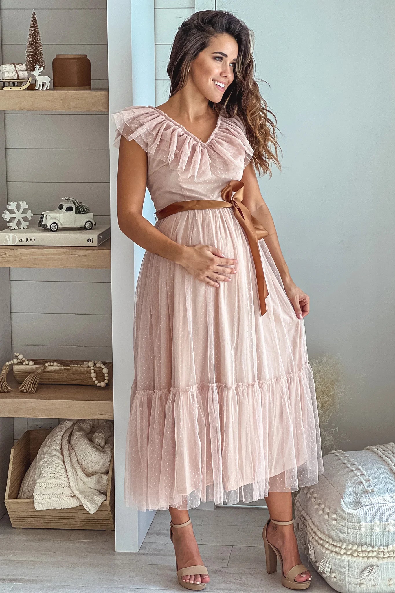 Nude Ruffled Maternity Dress with Satin Belt
