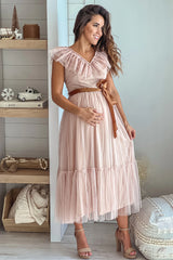 Nude Ruffled Maternity Dress with Satin Belt