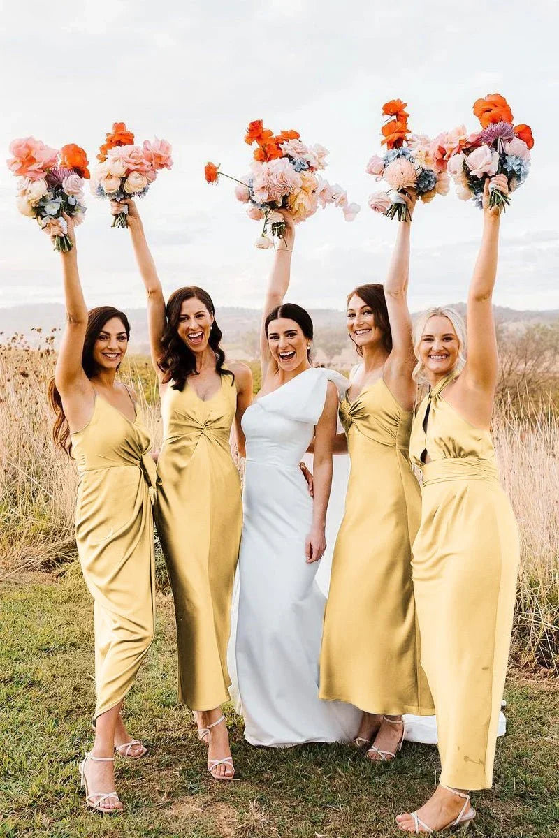 Elegant Sheath Halter Silk Satin Bridesmaid Dresses