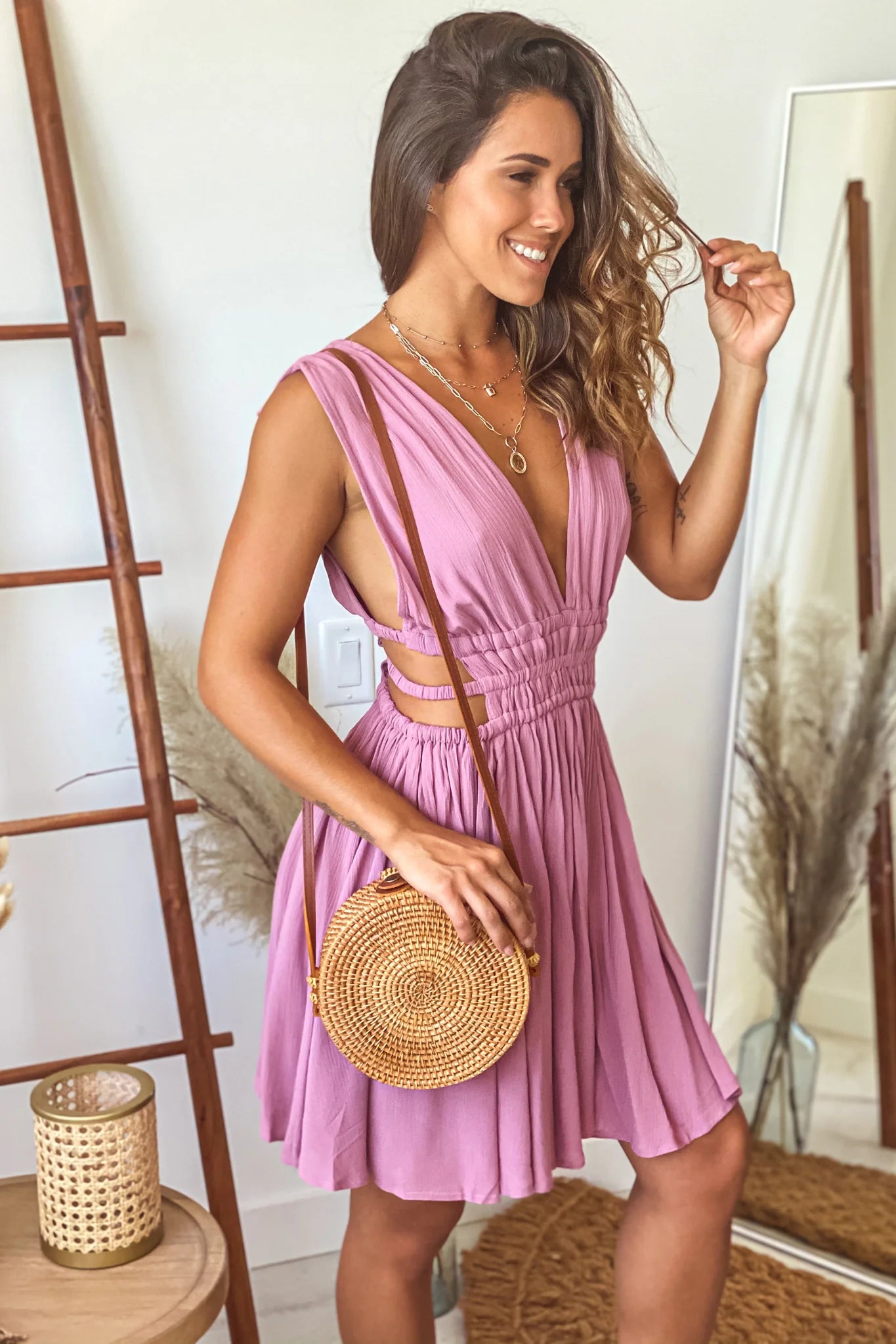 Berry V Neck Short Dress With Side Cutouts