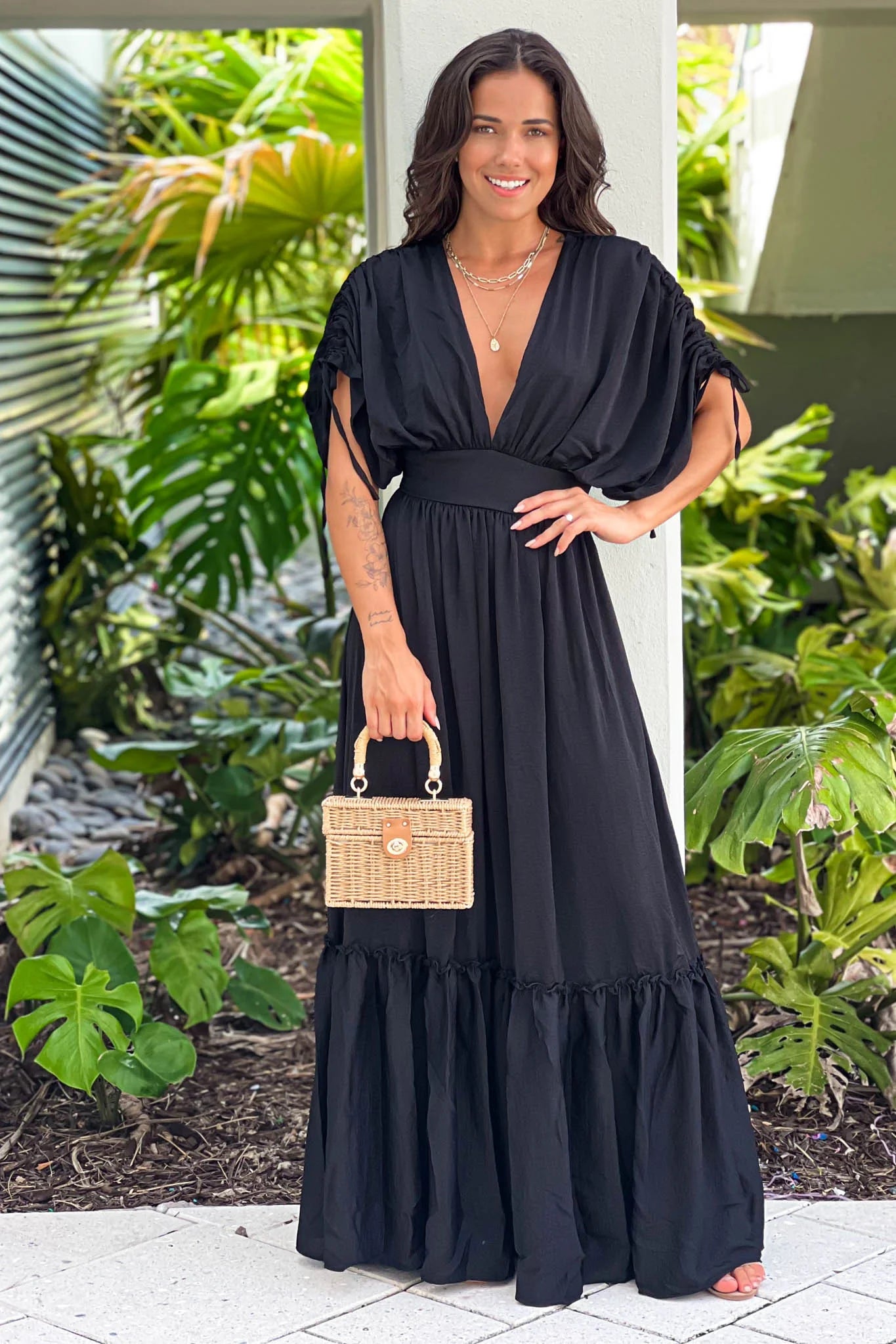 Black Deep V Neck Maxi Dress