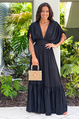 Black Deep V Neck Maxi Dress