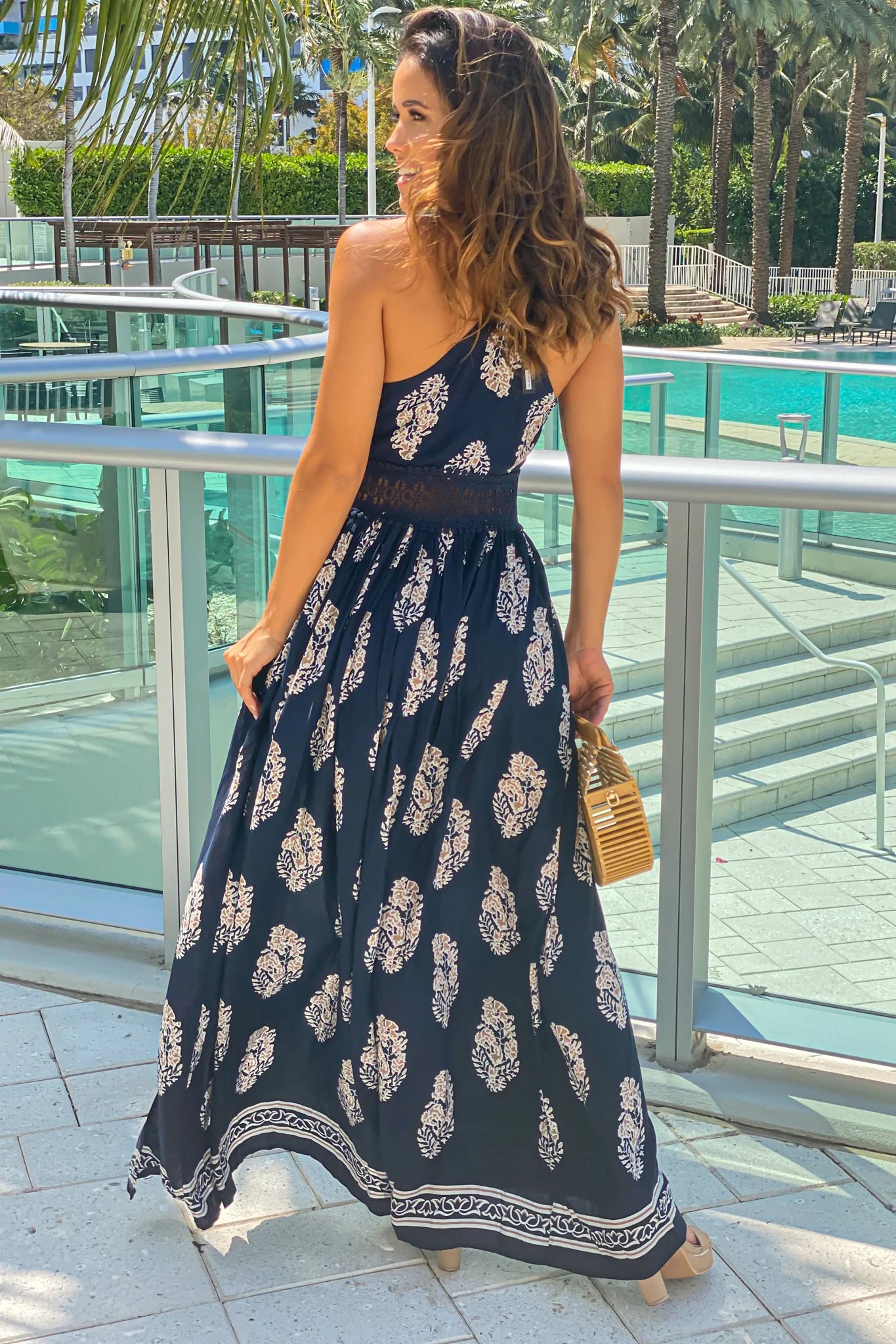 Navy Printed Maxi Dress With Crochet Trim