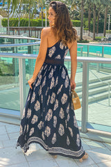 Navy Printed Maxi Dress With Crochet Trim