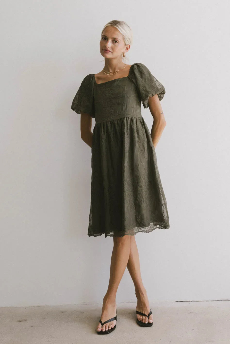 Karrie Embroidered Midi Dress in Olive FINAL SALE
