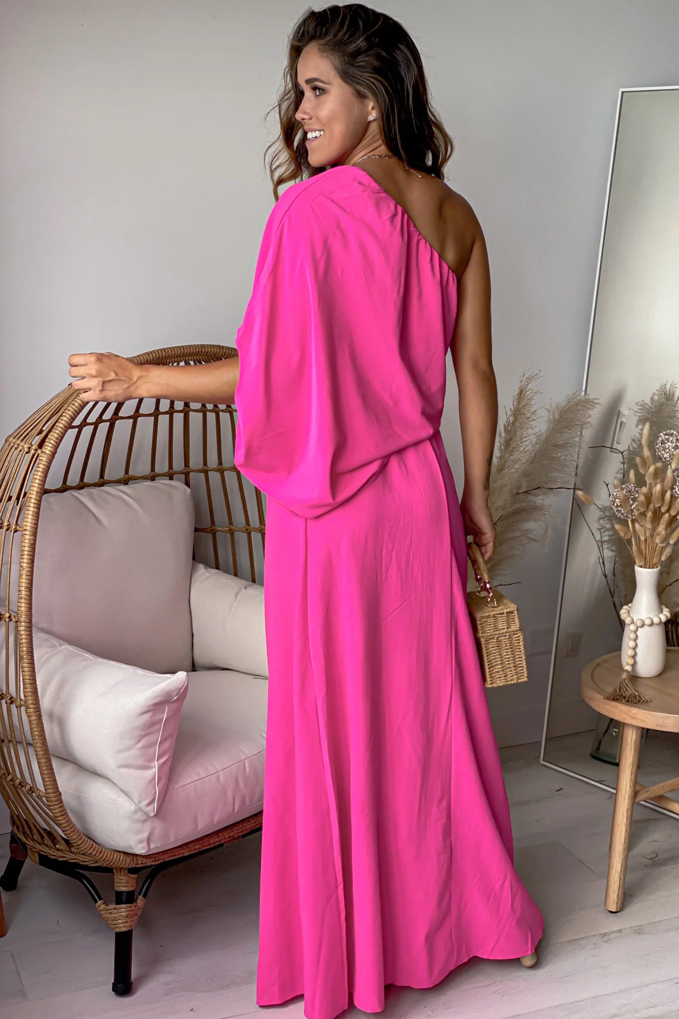 Fuchsia One Shoulder 3 4 Sleeves Maxi Dress