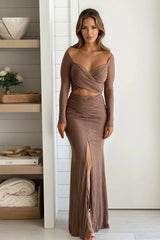 Mocha Glitter Maxi Dress With Cut Out Top