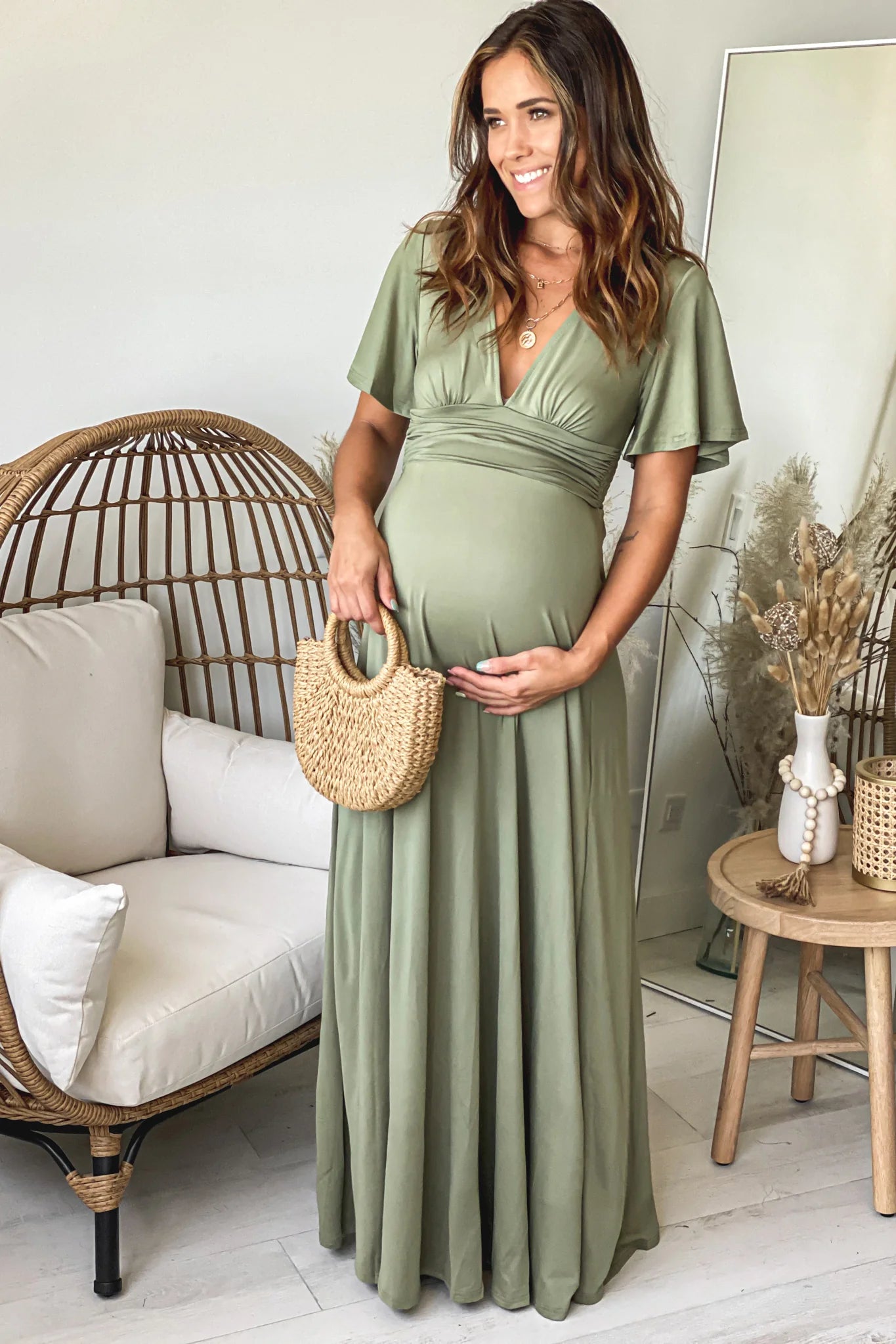 Olive V Neck Maternity Maxi Dress