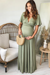 Olive V Neck Maternity Maxi Dress