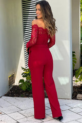 Burgundy Lace Off Shoulder Top Jumpsuit