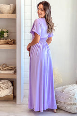 Violet Maxi Dress With Slit And Short Sleeves