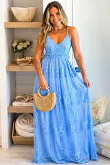 Blue Lace Maxi Dress With Crochet Top