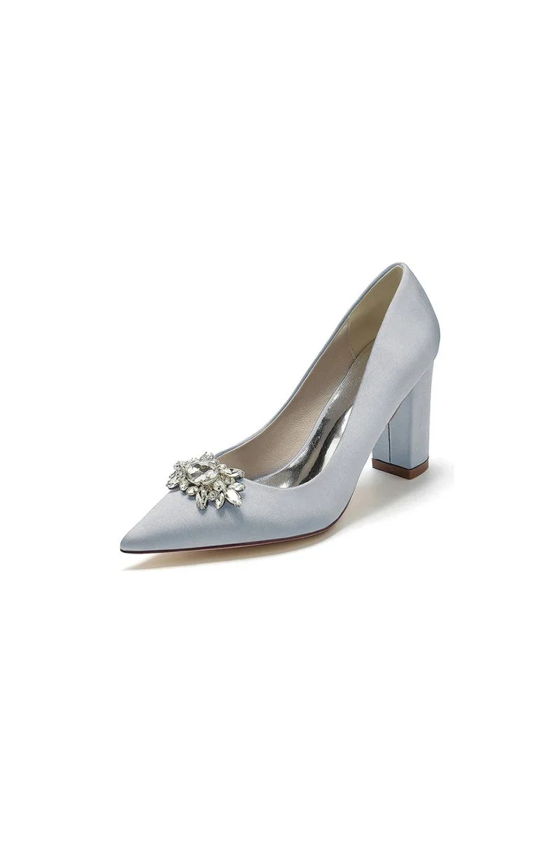 Pointed Toe Chunky Heels with Rhinestone