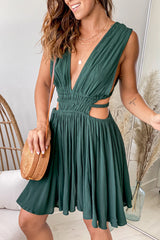 Hunter Green V Neck Short Dress With Side Cutouts