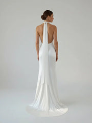 Sheath Satin Backless Halter Wedding Dress