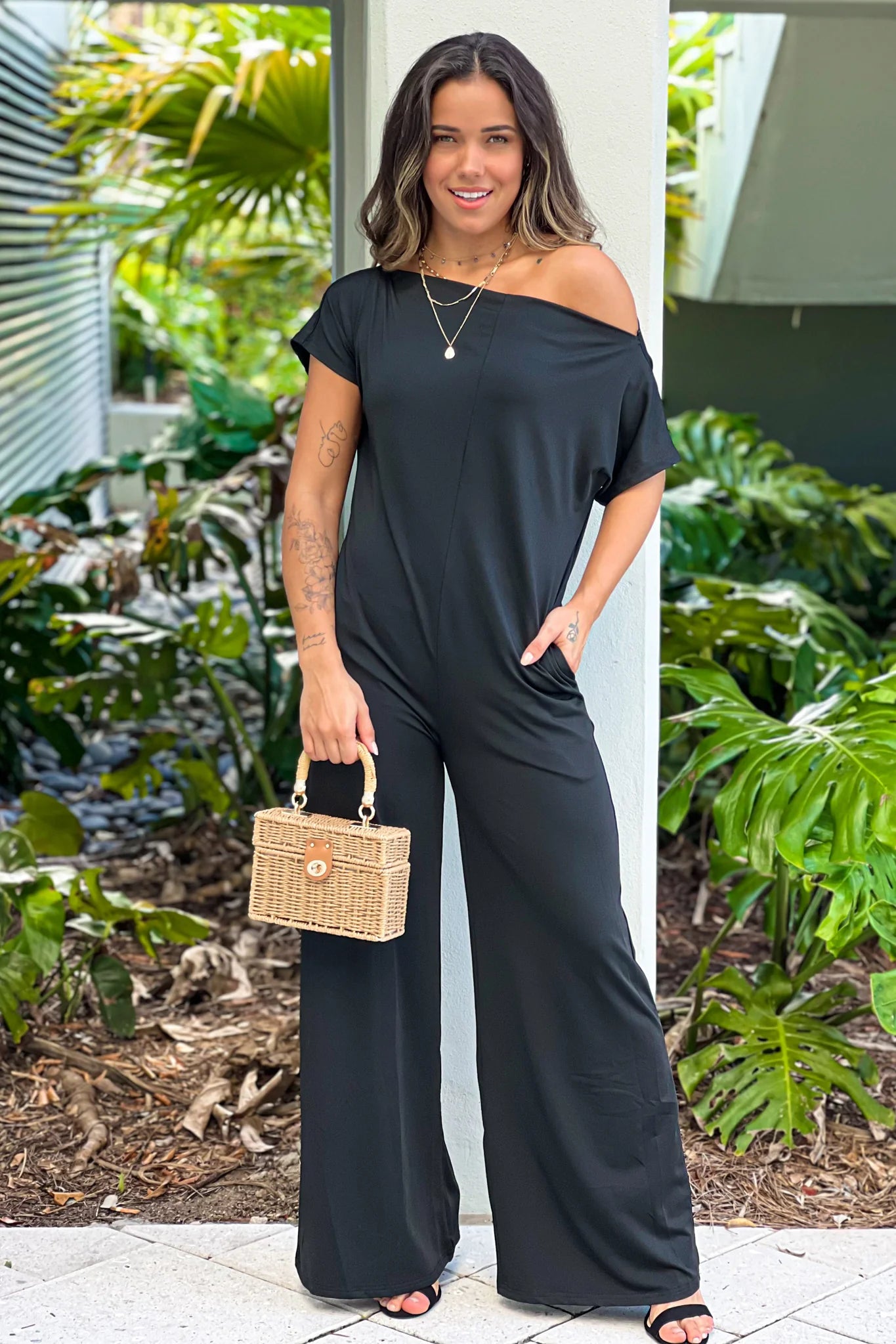 Black Off Shoulder Loose Fit Jumpsuit