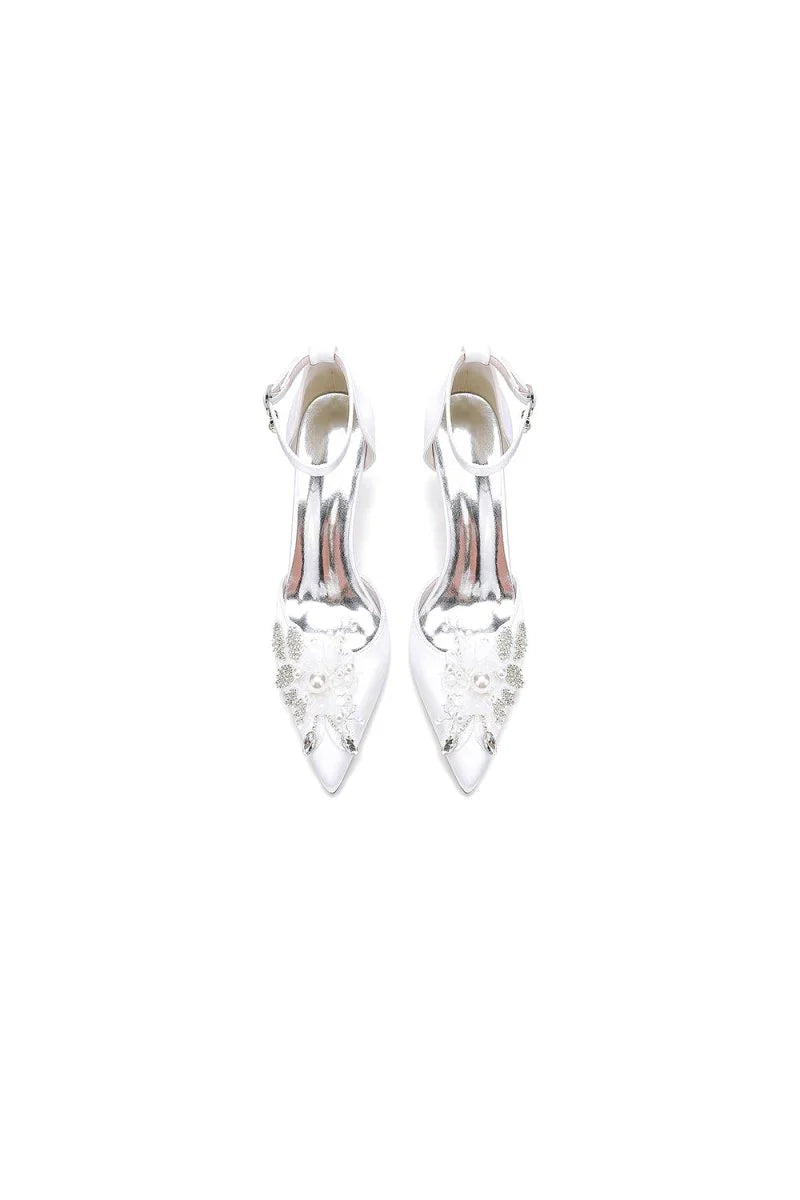 Elegant Ankle Strap White Wedding Shoes With Rhinestone Flower