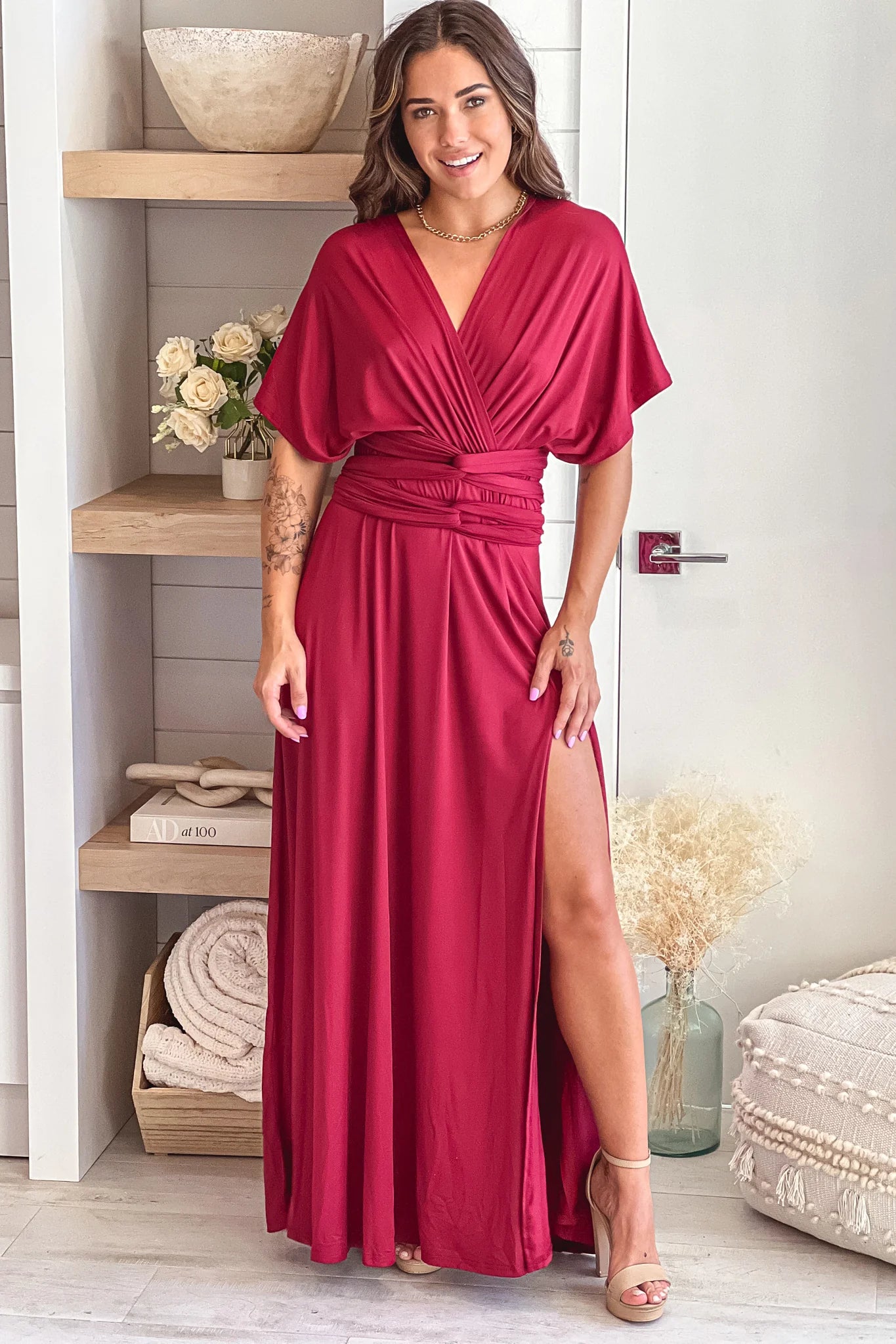 Burgundy Multi Tie Maxi Dress With Slit