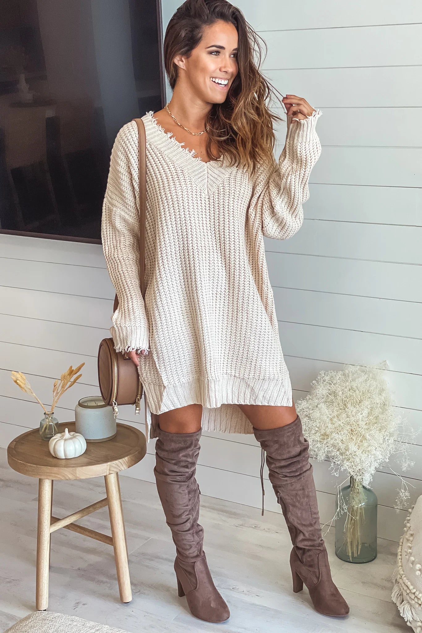 Cream Frayed V Neck Sweater Dress
