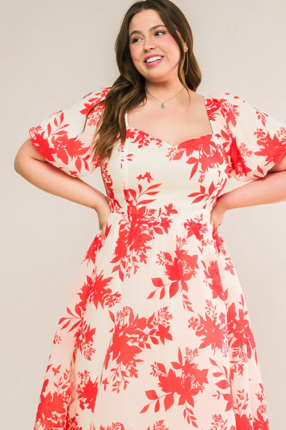 COTTAGE GARDEN PUFF SLEEVE MIDI DRESS RED