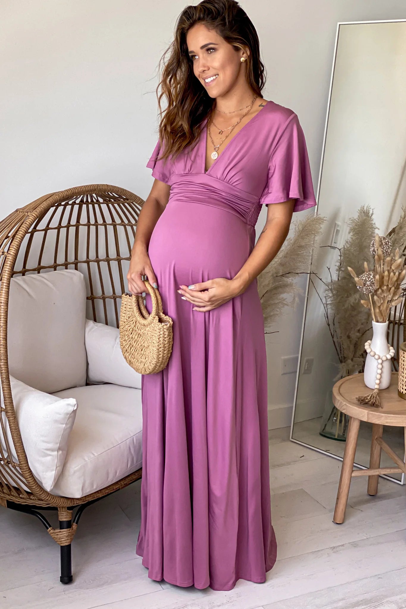 Mauve V Neck Maternity Maxi Dress