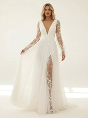 Long Sleeve Boho Flowy Wedding Dress Lace A Line V Neck Beach Gown with Split Front and Sweep Train