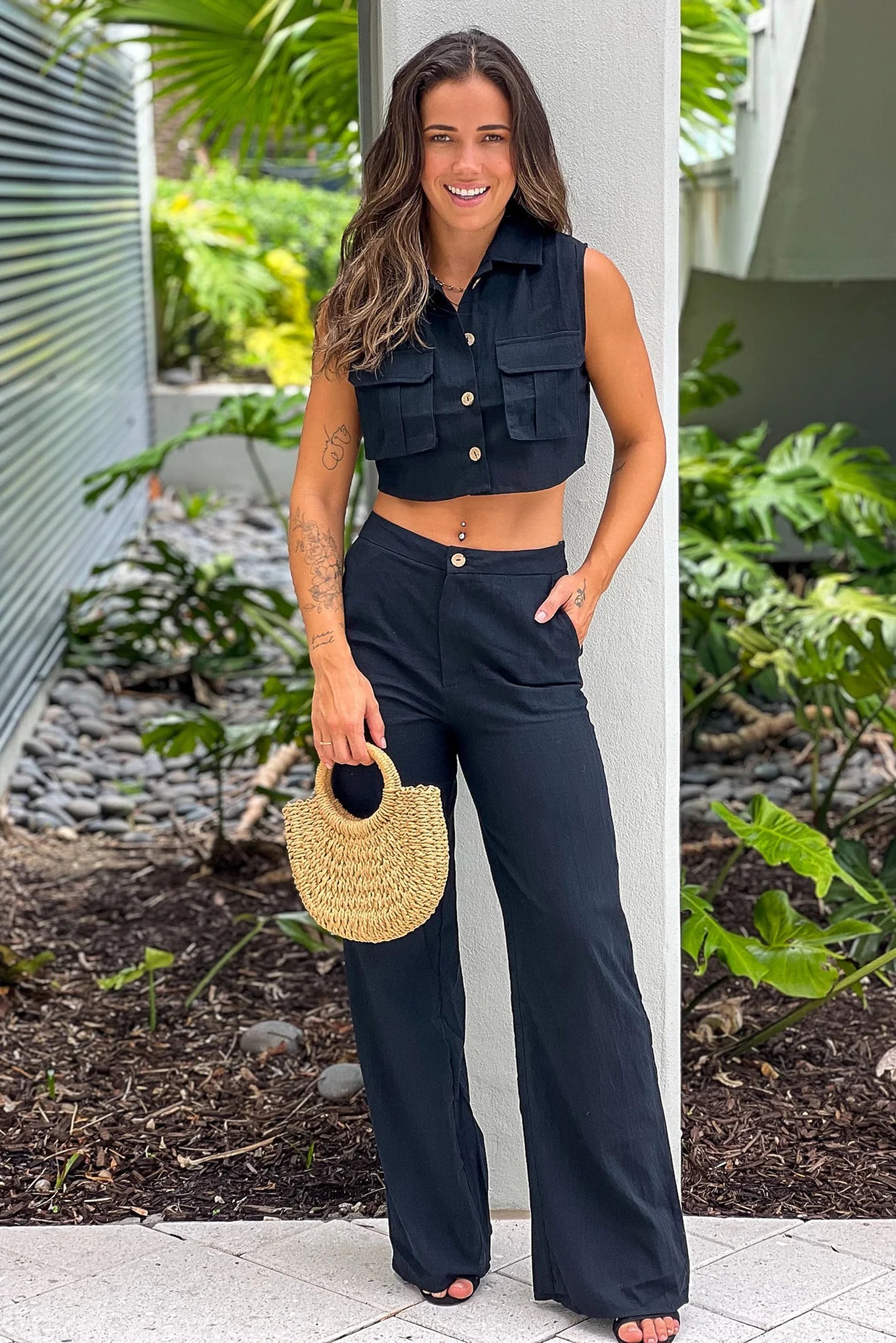 Black Button Down Top And Pants Set