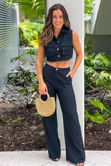 Black Button Down Top And Pants Set