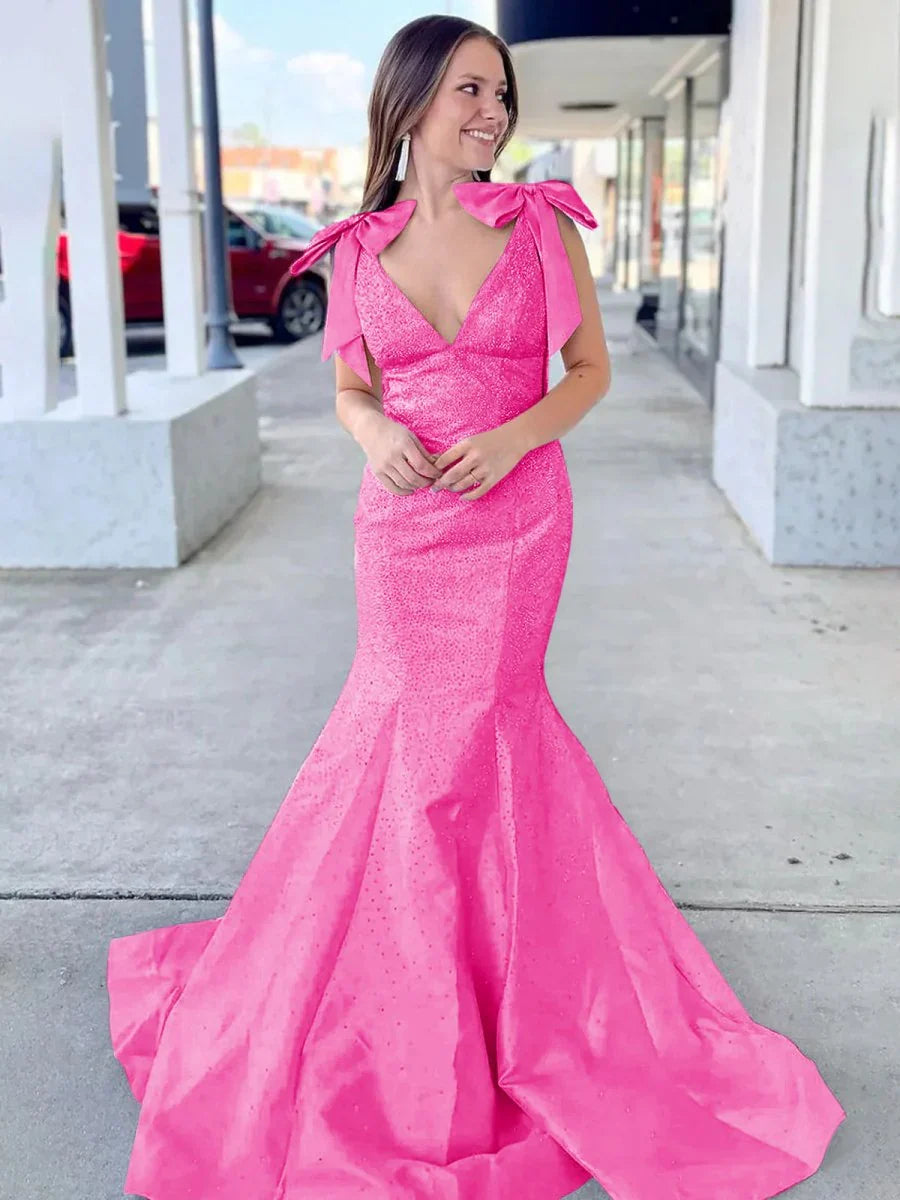 Sky Blue V Neck Mermaid Satin Long Prom Dress With Bow