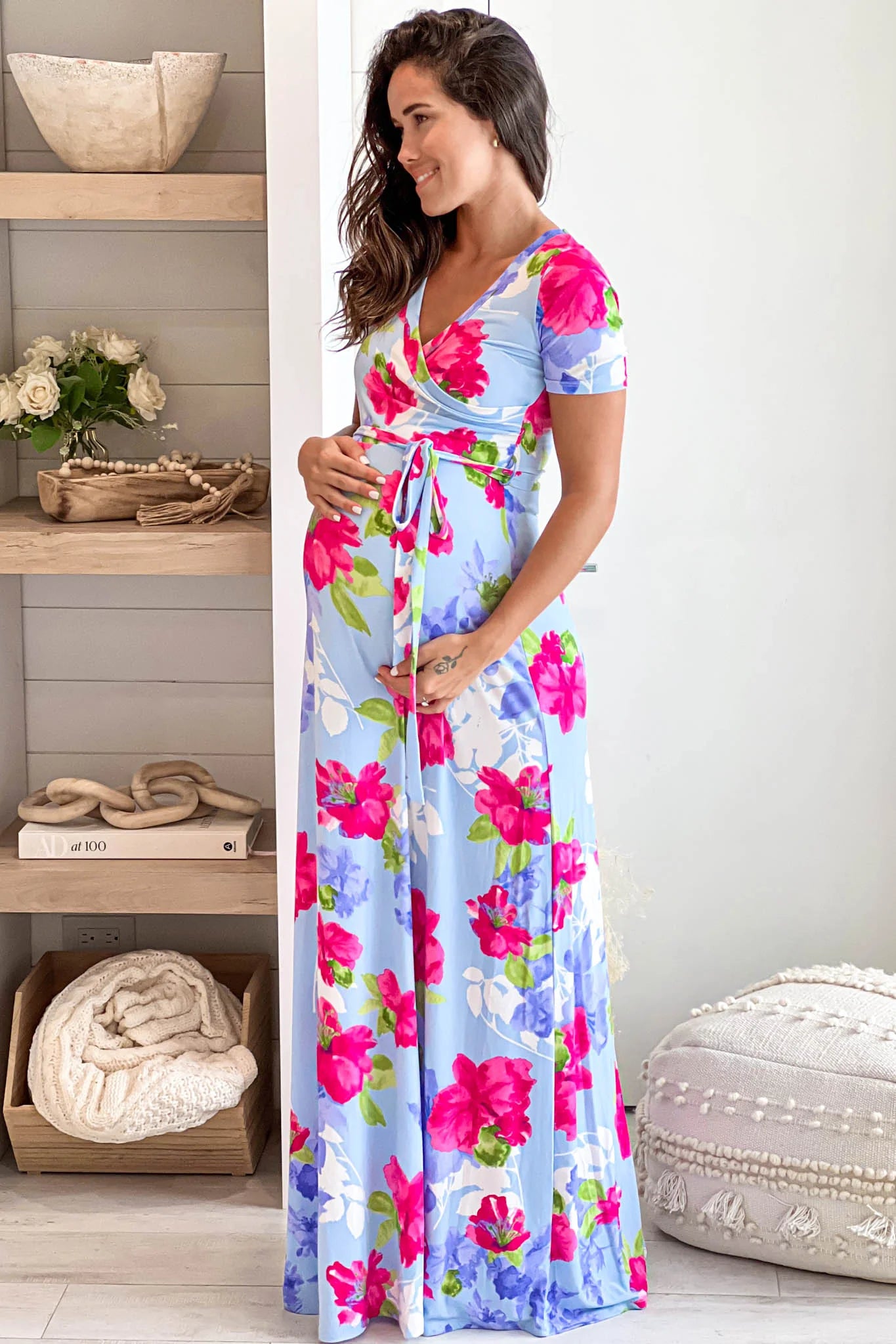 Chambray Floral Maternity Maxi Dress with Self Tie